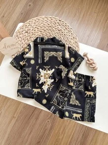 Bộ 2 áo sơ mi tay ngắn cổ họa tiết cho bé trai và quần short cạp chun - màu đen - Xem 2
