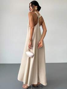 Firerie Váy dài không tay thoải mái, rộng rãi, giống vải lanh dành cho nữ, thích hợp mặc hàng ngày, đi biển, đi làm, đi nghỉ, theo phong cách Bohemian, Hawaii, Xuân/Hè - Màu be - Xem 7