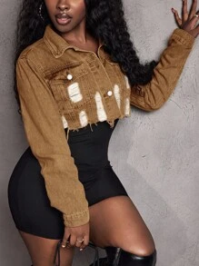 Slaydiva Women's Long Sleeve Single-Breasted Distressed Cropped Denim Jacket - Khaki - View 3