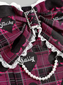 ROMWE J-Fashion Áo Bandeau họa tiết chữ kẻ caro trang trí nơ cho nữ - Hồng - Xem 3