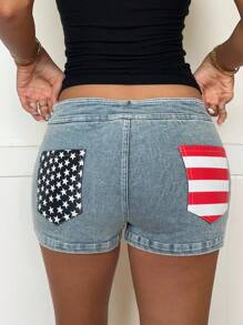 CovetEZ Quần short denim họa tiết sao và sọc thời trang dành cho nữ, mùa hè - Màu xanh lam - Xem 3