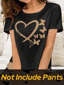 SHEIN 1件女士休闲短袖蝴蝶和心形印花睡衣上衣 - 黑色 - 查看 5