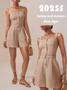 Zivah 2026 Summer New Music Festival, Easter, Mother's Day, Wedding Season, Attend Wedding, Birthday Party, Daily Casual, Basic Versatile, Leisure, Cruise Travel, Beach, Sunbathing, Viral , Street Style, Elegant, Commute, Business Casual, Bamboo Node, Linen, Drawstring, Button Front, Pockets, Brick Red Women Jumpsuit