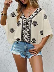 INAWLY Plus Size Casual Vacation Vintage Batwing Sleeve Printed Shirt - Apricot - View 1