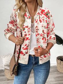 EMERY ROSE Damen lässige Bomberjacke mit Blumen Muster, Frühling & Herbst