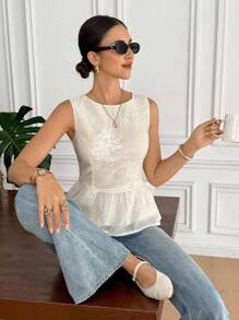Serisse Áo hai dây thời trang cổ tròn viền bèo nhún họa tiết hoa jacquard dành cho nữ - Màu be - Xem 1