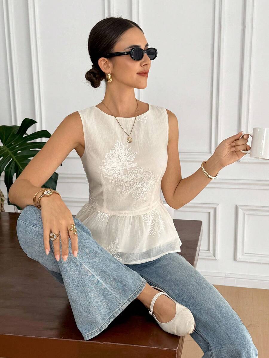 Serisse Áo hai dây thời trang cổ tròn viền bèo nhún họa tiết hoa jacquard dành cho nữ - Màu be - Xem 1