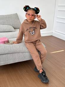 SHEIN Toddler Girls Slogan & Butterfly Print Drop Shoulder Hoodie & Joggers - Brown - View 7