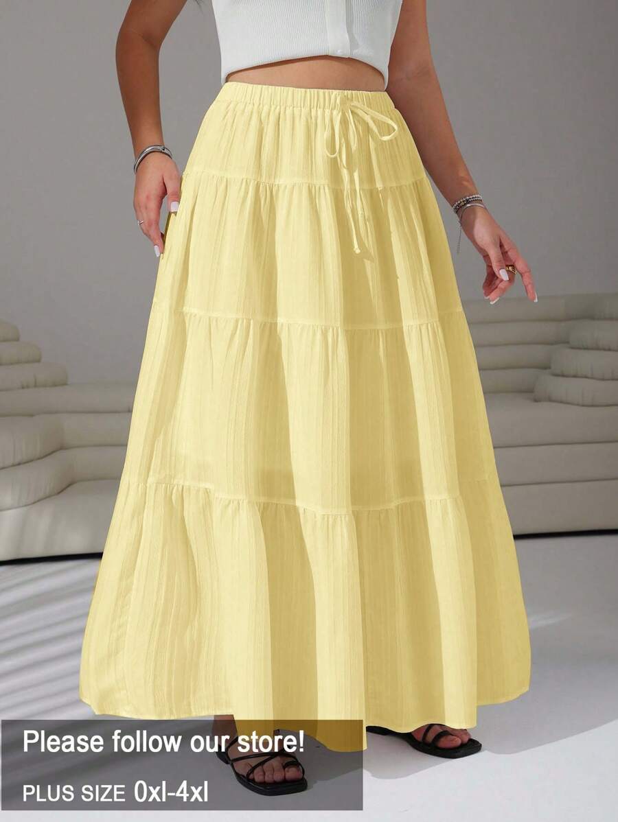 SHEIN EZwear Plus Size Women Solid Color Waist Tie Ruffle Hem Casual Skirt,Back To School - Yellow - View 1