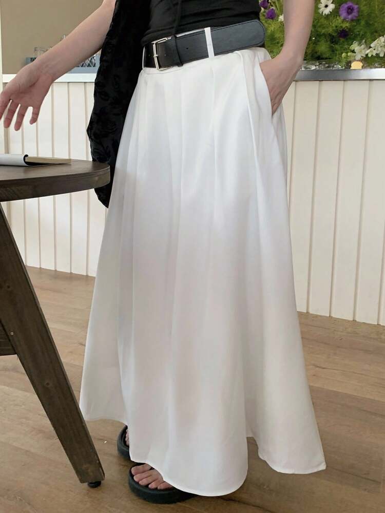 White Pleated A-Line Skirt With Waist Belt, Versatile For Women, Spring/Summer