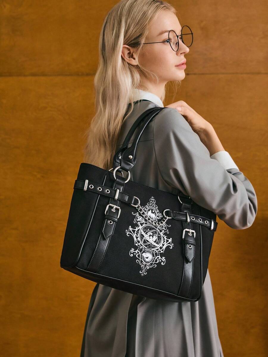 HARRY POTTER X SHEIN PU 皮革链条装饰黑色顶部提手包 - 黑色 - 查看 1