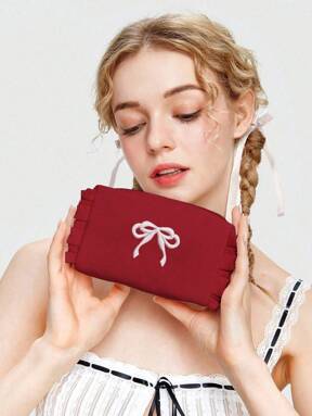Kawaii Vintage Cute Embroidered Bow Portable Cosmetic Bag