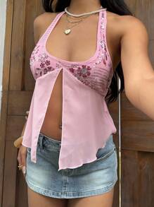Sunnyshic Women's Summer Vacation Casual Embroidered Sequin Fabric Halter Backless Bowknot Camisole - Pink - View 4