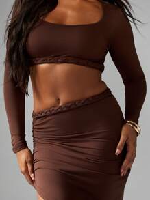 MISSGUIDED Braided Trim Long Sleeve Two Piece Co-Ord Set Crop Top High Split Maxi Skirt Ruched Detail Party Evening Fall Winter Occasion Wear - Coffee Brown - View 5
