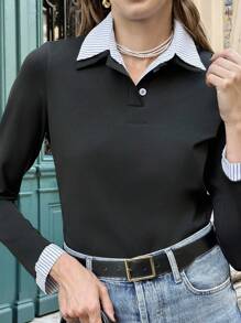 SHEIN PariChic 女士法式撞色条纹拼接 Polo 领长袖 T 恤，休闲春季大学秋季女装 - 黑色 - 查看 5