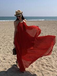 DAZY 2pcs/Set Women's Top And Skirt, Red Mesh Flowy Set,Beach Outfits