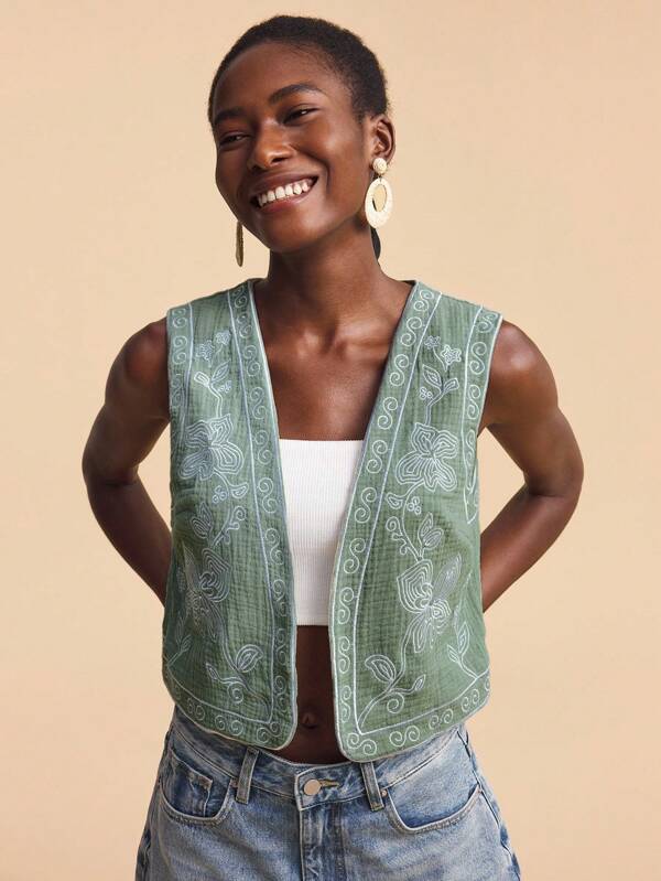 Travachic Floral Embroidery Thin Vest Jacket, Casual Resort Wear,Fall Women Clothes,Autumn Clothes,Fall Outfits Women