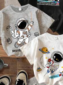 SHEIN Leap Crew 3 件套男童休闲宇航员图案圆领短袖 T 恤，适合夏季