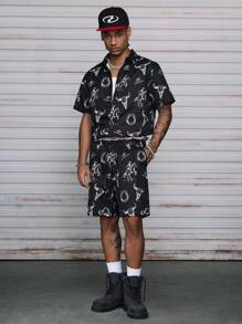AXEPEAK Herren Set aus Hemd mit Ochsenmuster und Shorts - Schwarz - Übersicht 6