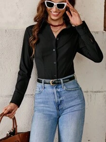 Solivie Solid Button Front Shirt Bodysuit - Black - View 5