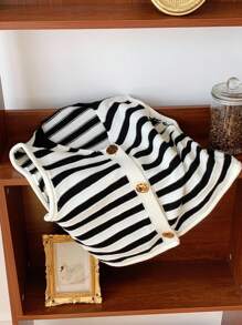 Comfortcana 女式条纹印花V领纽扣休闲毛衣背心 - 黑與白 - 查看 3