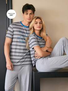 SHEIN 撞色条纹和字母印花男士休闲短袖睡衣套装 - 灰色 - 查看 7