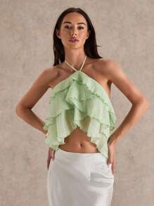 Glamine Women's Woven Embossed Green Multi-Layered Suspender Fashion Sexy Casual Summer Ruffled Top Suspender Top Resort Wear - Green - View 5