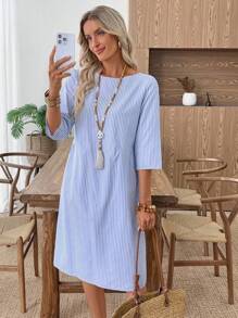 EMERY ROSE Váy cổ tròn sọc thường ngày mùa hè cho nữ Váy thường ngày cho nữ Váy đi nghỉ cho nữ Váy cổ tròn sọc thường ngày mùa hè cho nữ Váy đi nghỉ mùa hè cho nữ, Quần áo Boho cho nữ - Xanh và trắng - Xem 6