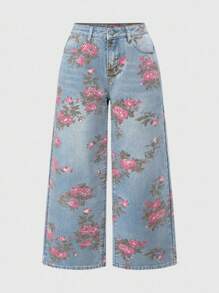 ROMWE Fairycore Jeans holgados de pierna ancha con estampado floral vintage lavados talla grande para mujer - Rosa - Ver 1