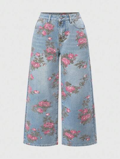 Fairycore Vintage Floral Print Washed Plus Size Women Loose Wide Leg Jeans