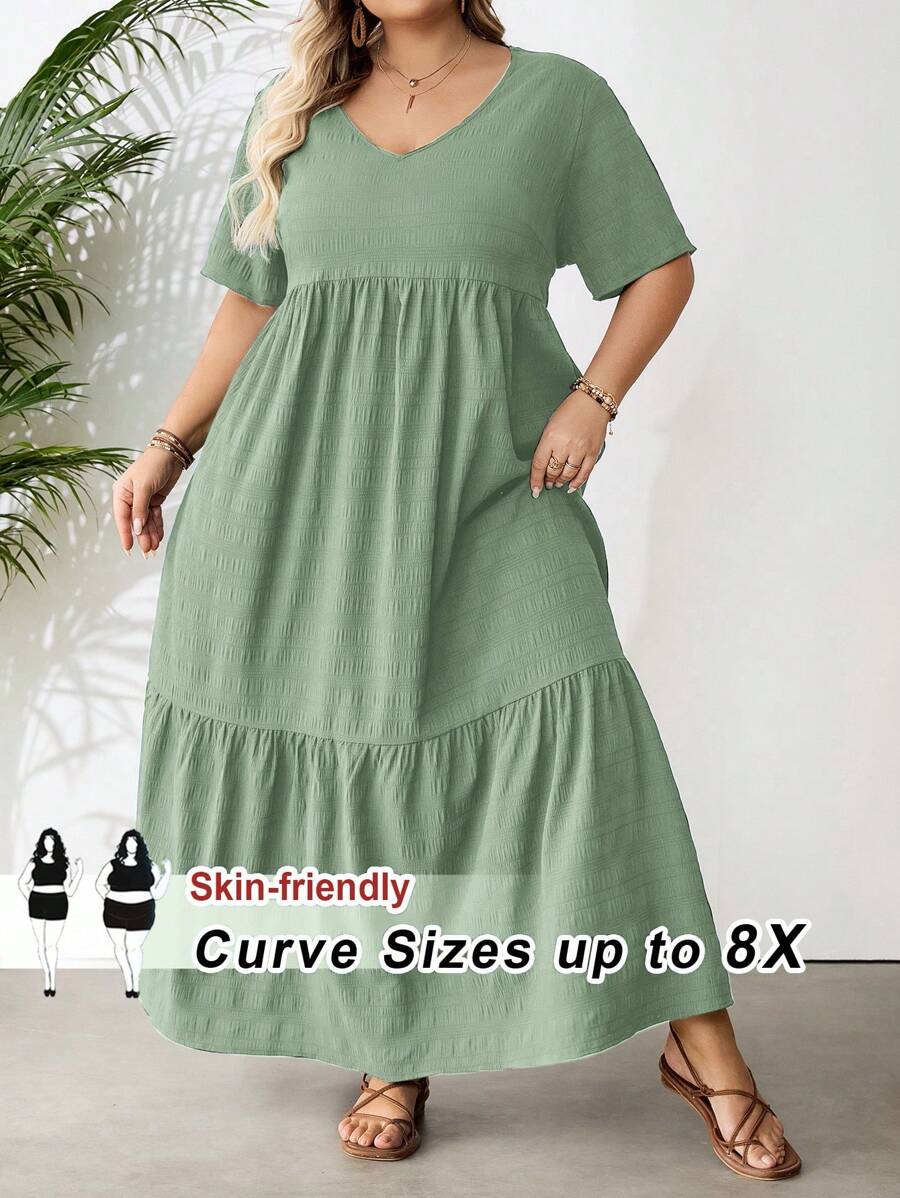 SHEIN CURVE+ 大码超长海滩度假连衣裙波西米亚风女士度假海滩装/沙滩裙/海滩度假装/海滩必备品/毕业/茶会礼服,夏季太阳裙/乡村/海滩度假装/海滩装/沙滩装 - 薄荷綠 - 查看 1