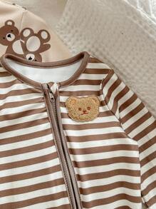 新生男婴3件装熊和条纹图案圆领长袖拉链前部柔软舒适连脚连体衣婴儿熊睡衣新生儿中性服装 - 彩色 - 查看 3