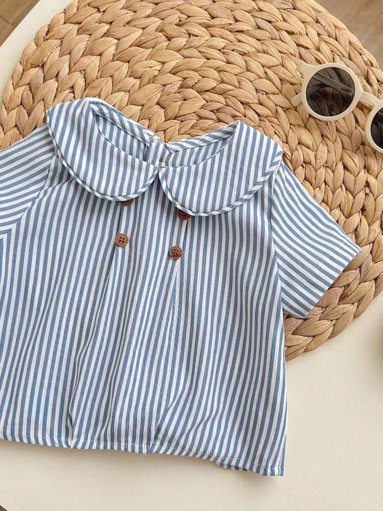SHEIN Set de 2 piezas para bebé niño de verano, camiseta de polo de manga corta a rayas azul y shorts de cintura elástica, ideal para fiestas de cumpleaños, eventos, bodas, fiestas de mes, bautizos y celebraciones del primer cumpleaños, baby shower - Multicolor - Añade 7