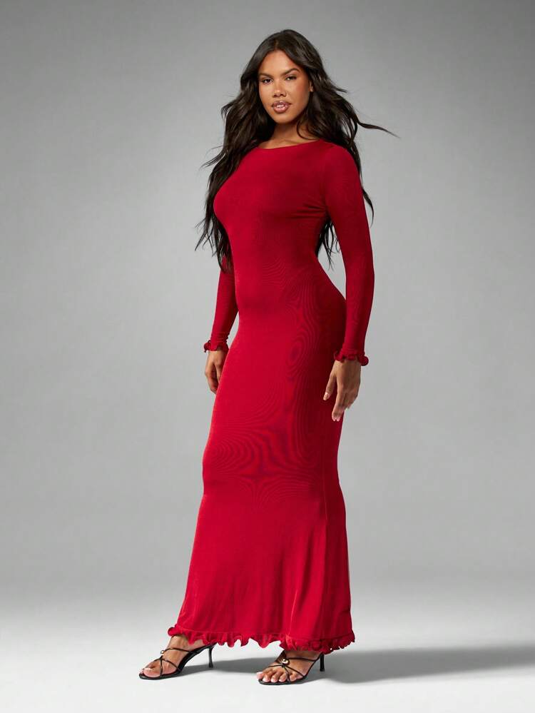 MISSGUIDED Elegant Long Sleeve Maxi Dress With Ruffle Cuffs And Hem Winter Fall Wedding Guest Special Occasion Holiday Party Evening Gown Christmas