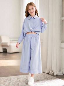 2pcs Girls Striped Lapel Long Sleeve Cardigan Shirt And Straight Leg Pants Set, Casual School Uniform Back To School Outfit - Blue - View 3