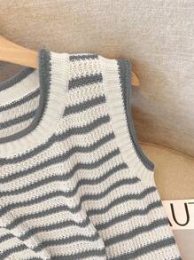 Franclia 新款复古撞色条纹针织背心，独特设计的短款无袖女式毛衣背心，适合大学生的针织衫服装 - 灰色 - 查看 4