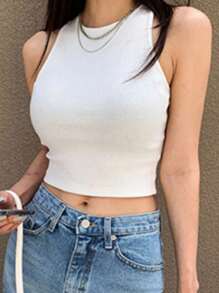 DAZY Rib-knit Crop Tank Top - White - View 6