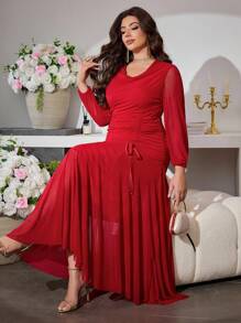 Modelyn Vestido elegante de diseño con cintura plisada de malla de punto para mujer de talla grande - Rojo - Ver 5