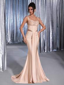 Glamrae Váy đuôi cá xếp nếp dệt kim co giãn đính hạt sequin lấp lánh sang trọng thanh lịch, thích hợp cho đám cưới, tiệc cocktail, ngày lễ, dạ hội, váy dạ hội (được tô điểm nhiều) - Màu be - Xem 7