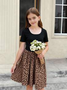 SHEIN Serisse Kids 青少年女孩休闲时尚百搭针织拼接豹纹方领短袖束腰紧身连衣裙，适合周末和休闲外出，秋冬季 - 黑色 - 查看 9