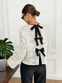 Serisse Blusa elegante de encaje con lazo en la espalda para uso diario, otoño para mujeres, aeropuerto para mujeres, blusas de trabajo para mujeres - Beis - Ver 5