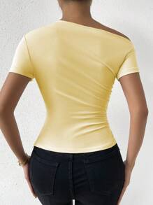 Elenzga Women's Solid Color Ruched Shoulder Short Sleeve Fitted Casual T-Shirt, Summer - Mustard Yellow - View 2