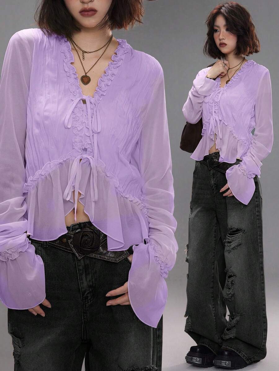 Coolane Women's Spring/Summer Date Night Concert Streetwear Textured Pleated Ruffle Blouses