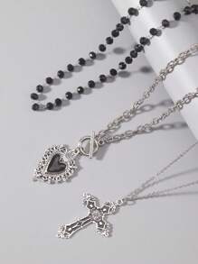 ROMWE Hippie 3pcs Gothic Dark Glass Crystal Cross, Heart Pendant Necklace, Personalized Hip Hop Multilayer Necklace For Women, Holiday Gift, Halloween - Silver - View 3