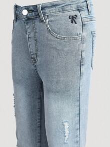 Sparklyn Quần jeans ống loe giặt họa tiết thêu bướm cổ điển cho bé gái, thiết kế ôm sát, ống quần dài, quần ống loe co giãn - Rửa nhẹ - Xem 8