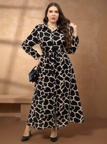 Chikora Plus Size Geometric Print Shirt Dress Casual Teacher Uniform Fall Dress