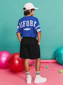 SHEIN Tween Boy Casual Minimalist Comfortable Mid-Waist Letter Print Shorts Black Shorts Boys ,Back To School Season, Christmas