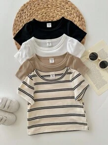 4pcs/Set Cute Baby Boy & Baby Girl Casual Versatile Knit Stretchy Striped Long Sleeve Tops, Suitable For Indoor & Outdoor, Spring/Summer