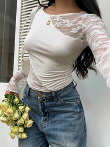 SHEIN Frenchy 女式撞色蕾丝长袖时尚修身衬衫 - 杏色 - 查看 6
