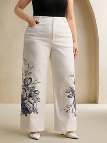 Anewsta Casual Loose Fit Wide Leg Ink Print White Denim Pants, Versatile For Autumn/Winter - White - View 4